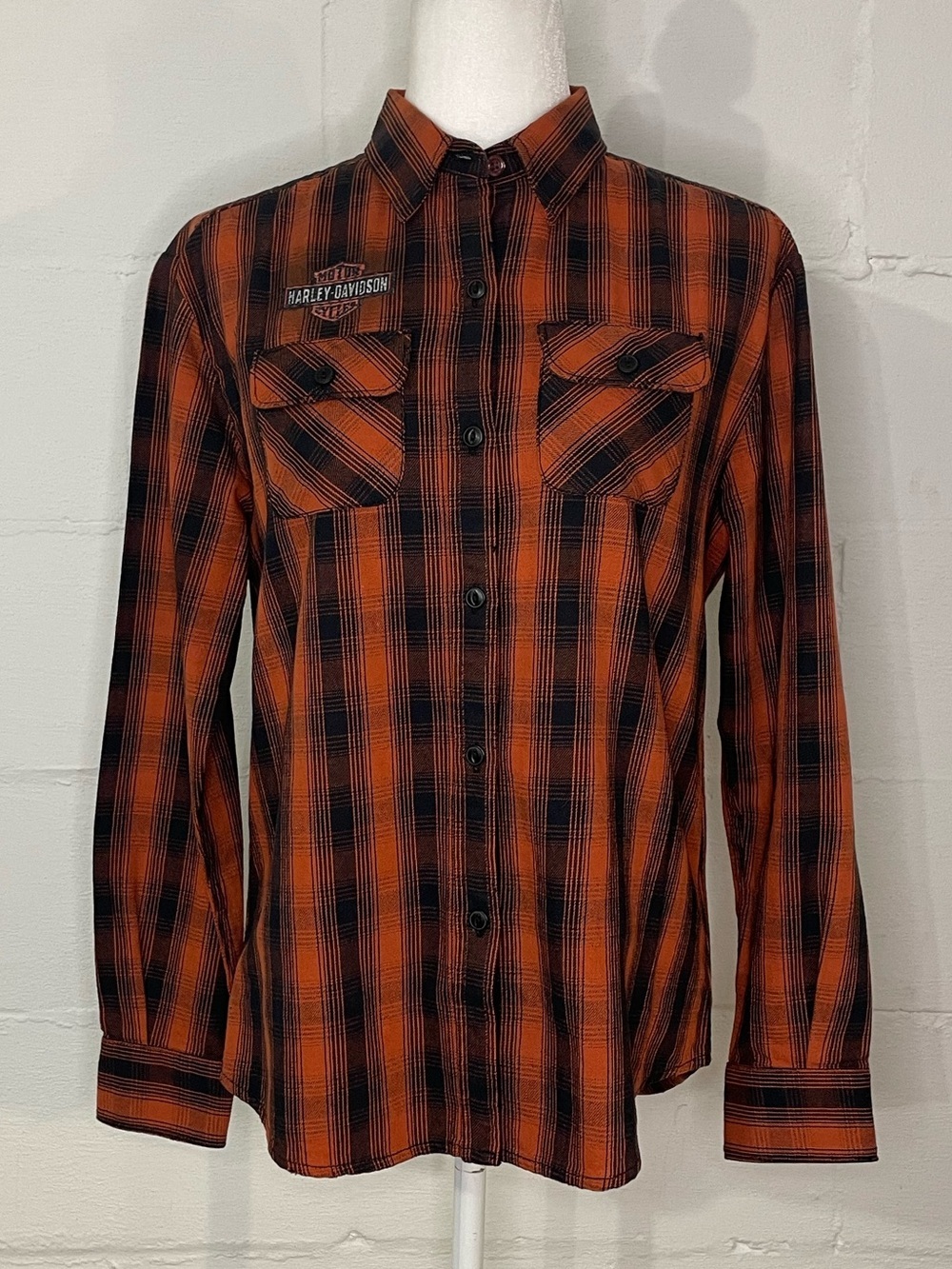 Harley-Davidson Black and Orange Plaid Button-Down Shirt